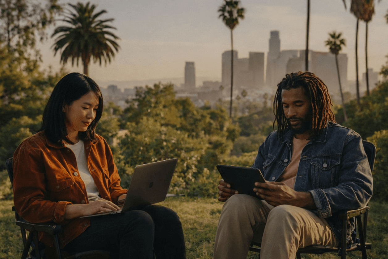 Friends collaborating with laptops in a sunny California backyard